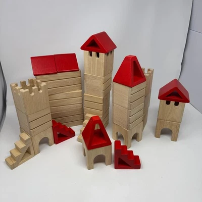 Plan Toys Vintage Hollow Castle Building Blocks Natural & Red Set of 29 NO BOX - Image 1 of 4