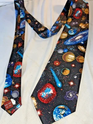 Men's Museum Artifacts "Planets" (Jupiter, Saturn) Silk Neck Tie Multicolor- NEW - Image 1 of 4