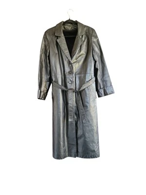 Vintage 70s Sears Black Leather Trench Coat Removable Fleece Lining Size 14 - Image 1 of 4