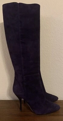 NEW $1,250 JIMMY CHOO DRAPE BLUE INK SUEDE KNEE HIGH HEELS PULL ON BOOTS 37.5 - Image 1 of 4