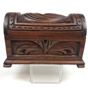VTG Carved Wood Domed Hinged Jewelry Keepsake Trinket Chest w Key 9x5x5 - Picture 1 of 10