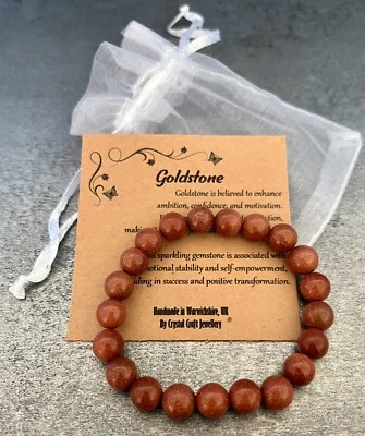Pulseira GOLDSTONE ajuste elástico feita à mão + bolsa de presente e cartão pedra preciosa cristal 8mm - Imagem 1 de 2