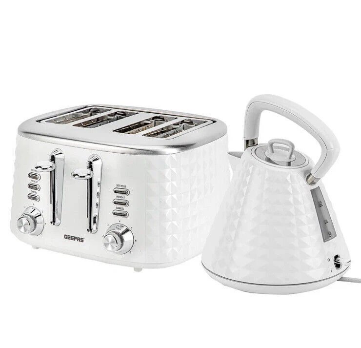 GEEPAS 4 Slice Bread Toaster and 1.5L Cordless Electric Kettle Combo Textured Set White