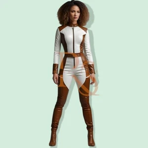 Luxury Two Tone Lambskin Leather Jumpsuit Women's Fashion Zip Front Bodysuit - Picture 1 of 3