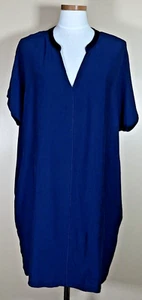 H Halston Womens Loose Shift Dress V-Neck NWT Large Pockets Navy/Marine Cocoon - Picture 1 of 13