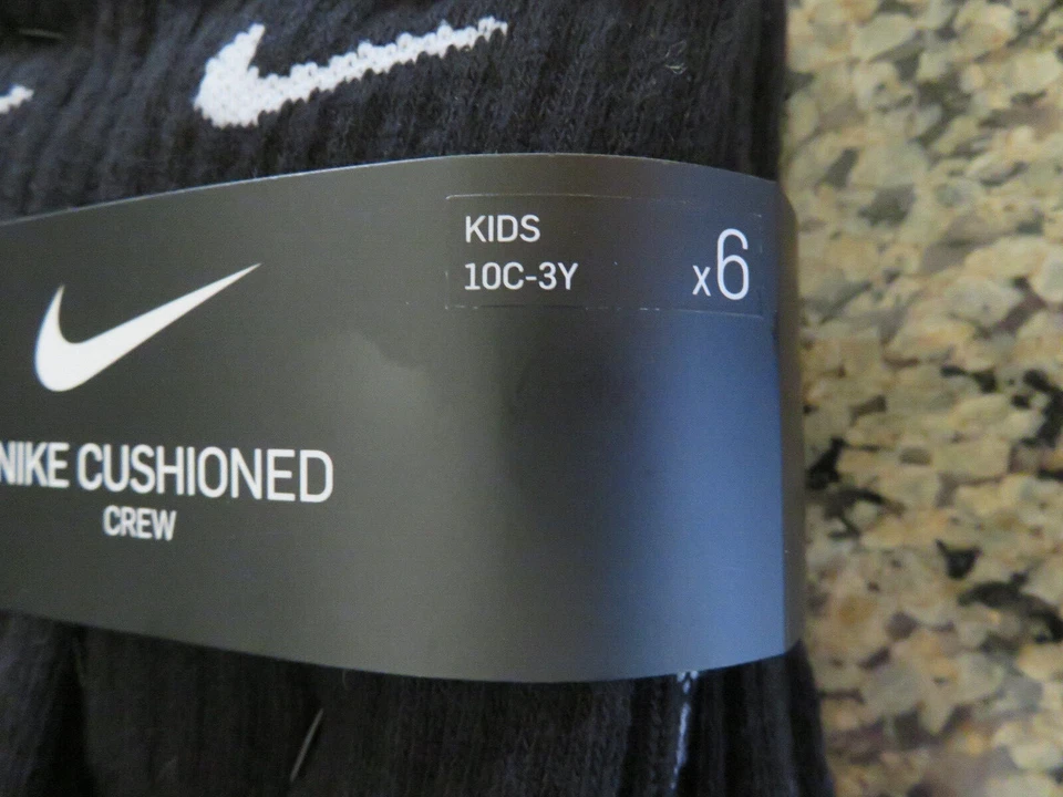 NIKE Dri-FIT Big Kids Crew Socks Black 10C-3Y 5-7 2 Packs (6 Pairs Each)