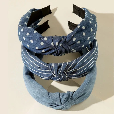 3 Pc Knotted Denim Print Cloth Headband Face Wash Hair Hoop Hair Accessories - Image 1 of 4