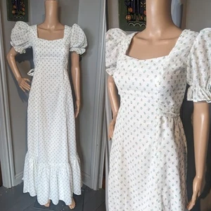 Vintage 60s 70s Cotton White Dobby Ditsy Floral Maxi Prairie Dress 8 10 36  - Picture 1 of 6