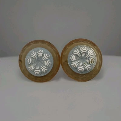 Vintage Shank Buttons Molded Amber Plastic Blue And White Swirl Shell 33mm - Image 1 of 4