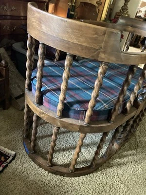 2 Antique Barrel Back Oak Pub Chairs Full Length Barley Twist Pair - Image 1 of 4