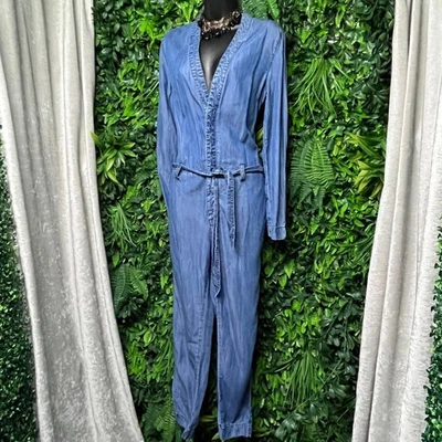Free People Denim Lou Jumpsuit Size 4 Blue Long Sleeve Belted V Neck 3264 - Image 1 of 4