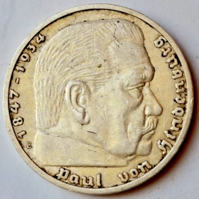 5 Reichsmark 1938 E, Alemania Paul von Hindenburg, 5 marcos Foto 1 de 2