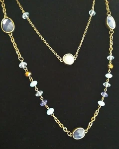 Robert Rose Gold Tone & Blue Acrylic Beaded Double Chain Necklace 34" Long - Picture 1 of 9