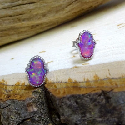 Pendientes Mini Hamsa Opalita Púrpura Plata 0,925 Circonita cúbica Foto 1 de 2