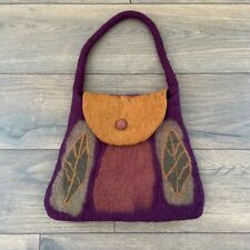 Felted Nepal Wool Purse Shoulder Bag Purple Green Brown Leaf Embroidery