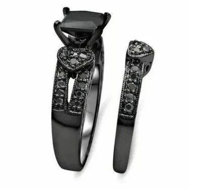 3Ct Lab-Created Princess Cut Black Diamond Bridal Set Ring 14K Black Gold Plated - Image 1 of 4