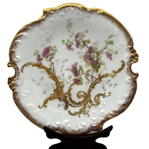 Limoges France Floral Cake Plate Gold Scroll Edge 8" - Picture 1 of 8