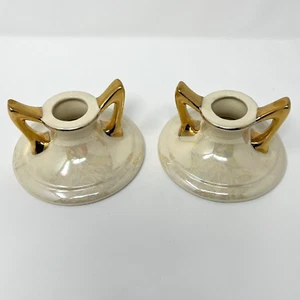 Pearl Color USA Iridescent Lusterware 22K Gold Candlestick Holder Set of 2 #492 - Picture 1 of 10