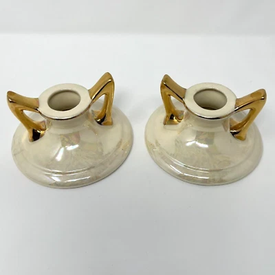 Pearl Color USA Iridescent Lusterware 22K Gold Candlestick Holder Set of 2 #492 - Image 1 of 4