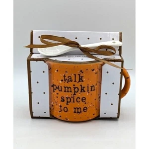 Fall Autumn Ceramic Coffee Mug & Spoon Talk Pumpkin Spice To Me 13oz Gift NEW - Picture 1 of 5