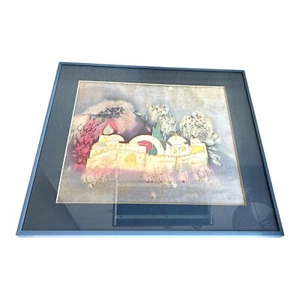 VINTAGE ISRAEL FRAMED SILK WALL ART SIGNED - Picture 1 of 9