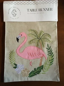 Flamingo Table Runner Secret Celebrity 13 x 72 Embroidered Natural NEW - Picture 1 of 9