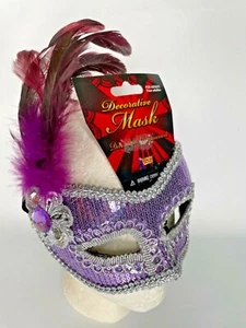 Mardi Gras Masquerade Mask Purple Sequins Feathers Gemstone Decorative - Picture 1 of 4