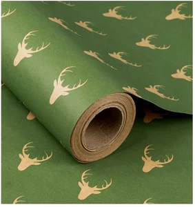 Christmas Wrapping Paper, Jumbo Roll Kraft Paper Green Reindeer 24 Inx 100 Feet - Picture 1 of 9