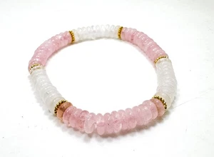 Rosenquarz Weißquarz Stretch Armband - 6 mm Edelstein Perlen, 6,5" Gold Zwischenring - Bild 1 von 2