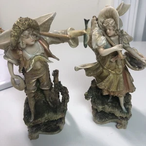 VTG German Vase Bisque Porcelain SET OF TWO FIGURINES Victorian Boy Girl Fishing - Picture 1 of 17