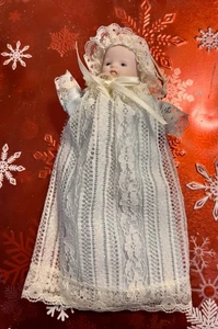 Victorian Porcelain Baby Doll In Lace Christening Gown  6 1/4” - Picture 1 of 4