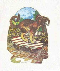 1970S VINTAGE ORIGINAL T-SHIRT IRON-ON *PUPPY DOG ON SKATEBOARD* *NOS* 8X10" - Picture 1 of 1