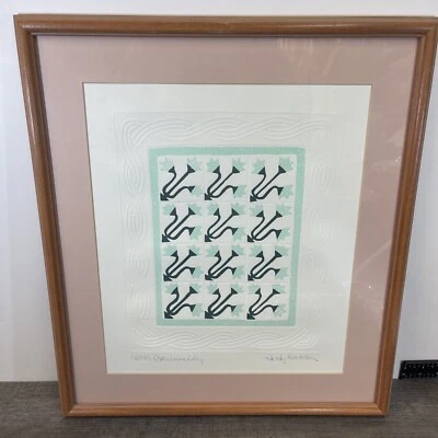 RARE Orig Judy Severson Hand Signed North Carolina Lily Quilt Framed Art Print - Image 1 of 4