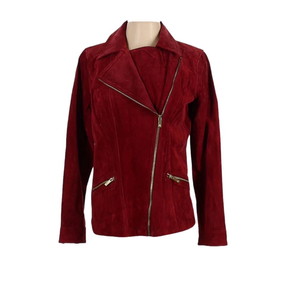 Chaqueta Dennis Basso NUEVA CON ETIQUETAS Talla XS Borgoña Cremallera Lavable Gamuza Cuero Forrada Foto 1 de 2