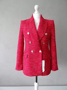 A312 ZARA BLAZER TEXTURED DOUBLE BREASTED RED WITH WHITE BUTTONS JACKET - XL - Picture 1 of 20