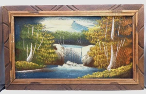 Vtg Mexico 1970s Black Felt Painting 26" x 14" Waterfall Trees Mountain Framed - Picture 1 of 11