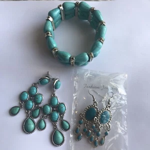 Fashion Jewelry Turquoise Howlite Stone Bracelet Earrings Dangle Statement - Picture 1 of 7