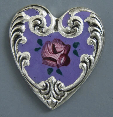 HEART SHAPED, HAND-PAINTED METAL BUTTON WITH FLORAL DESIGN - Image 1 of 2