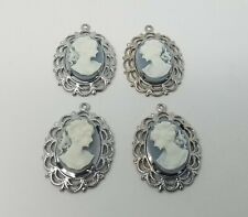 4 pcs 18mm VTG Blue Victorian Lady Craft Jewelry Cameos Silver Filigree Settings