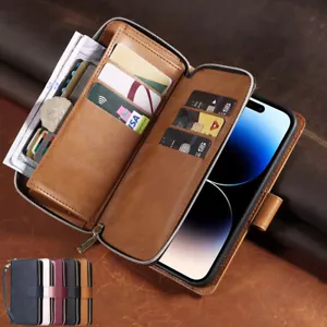 Flip Leather Wallet Zipper Coin Purse Card Holder Case Cover For iPhone Samsung - Picture 1 of 17