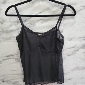 One Step Up Cami Top Womens Size L Black Sheer Intimates Button Front Ruffle - Picture 1 of 9