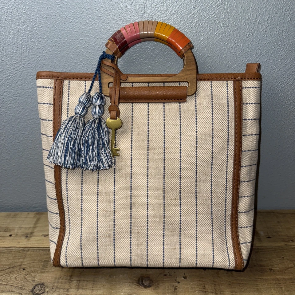 Mochila Convertible Fossil Camilla Bolso de Hombro Beige Lona Rayas Boho Foto 1 de 4