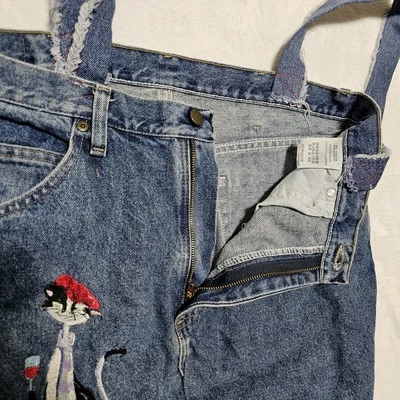 De Colección Wrangler Denim Cartera Bolso Jean Personalizado Bordado Gato Vino París Tema Boho Foto 1 de 4