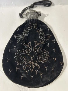 Antiguo Bolso Cartera Mendigos Cuentas Terciopelo Negro Cosido a Mano Piedra Lunar Puerta Superior - Imagen 1 de 11
