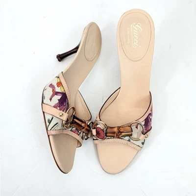 Gucci винтажный мистический белый бамбуковый Horsebit цветочный холст каблук мулы США 7 - Изображение 1 из 4