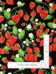 Strawberry Fabric Fruit Strawberries Blossom Black Cotton Benartex 1.5 Yards - Picture 1 of 5