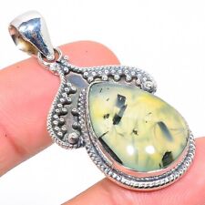 Moss Prehnite Gemstone Handmade Vintage Silver Jewelry Pendant 2"