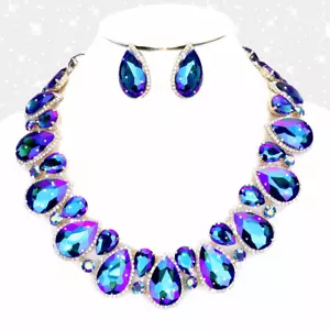 crystal rhinestone BLUE AB COLLAR necklace earring jewelry SET Teardrop - Picture 1 of 3