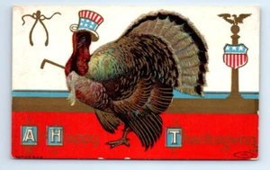 Cartolina Felice Ringraziamento Bandiera Patriottica Americana Zio Sam Turchia 1908 - Foto 1 di 2