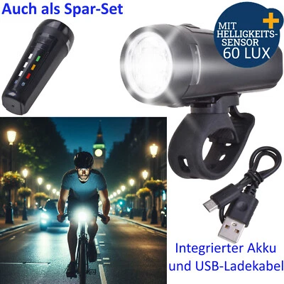 Fahrradlicht Fahrrad Beleuchtung LED StVZO 60 LUX Lampe Scheinwerfer AKKU-216 - Bild 1 von 4